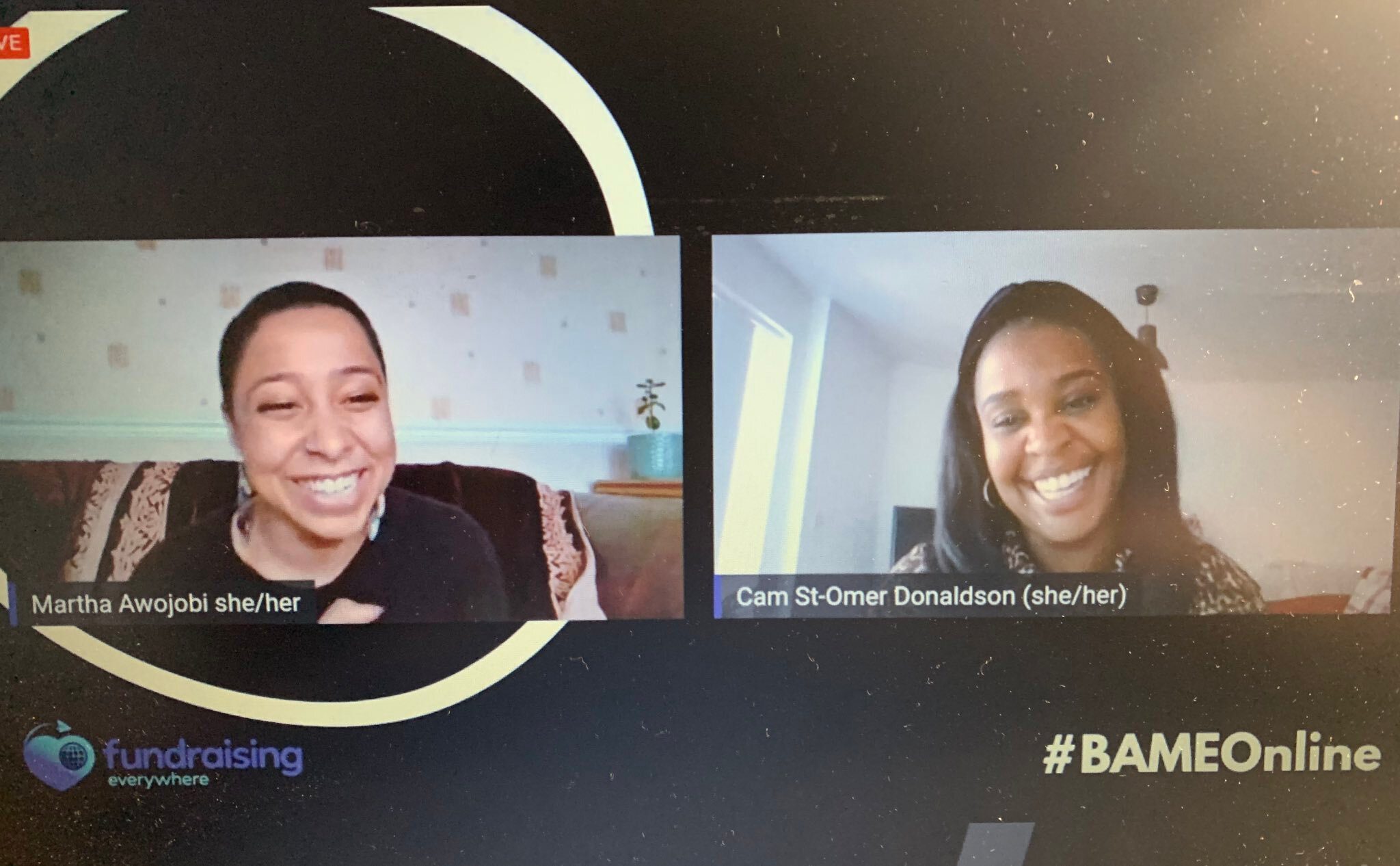 Screenshot from the BAME fundraising conference with two people smiling