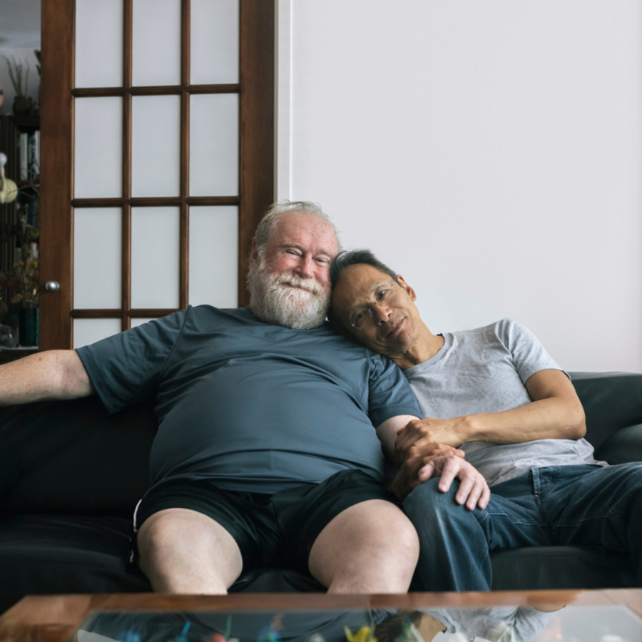 Two older people on a sofa
